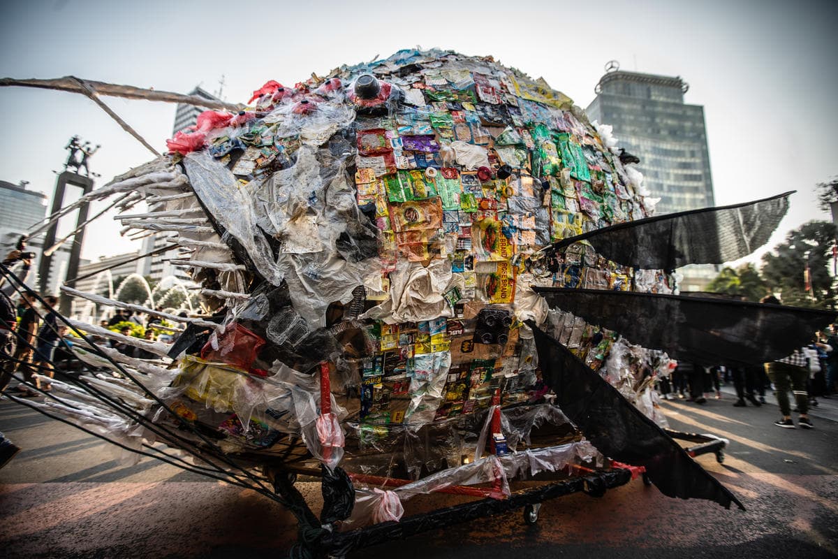 Greenpeace collaborates with NGO's create a giant Plastic Monster to support Jakarta against single use plastic in Jakarta. Greenpeace also urges the Fast Moving Consumer Goods (FMCG) corporation responsible to their packaging that is using single use plastic.
